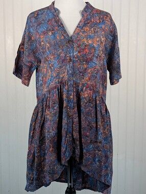 Women's Batik Tunic Asymetrical Hem Blue and Orange Go Fish Indonesia Small
